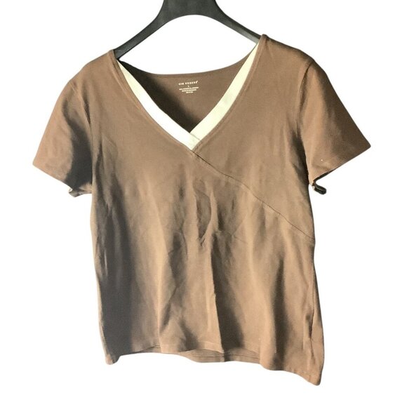 Kim Rogers Women's V-Neck Shirt Short Sleeve Size L Brown & White Cotton Blend - Picture 4 of 10